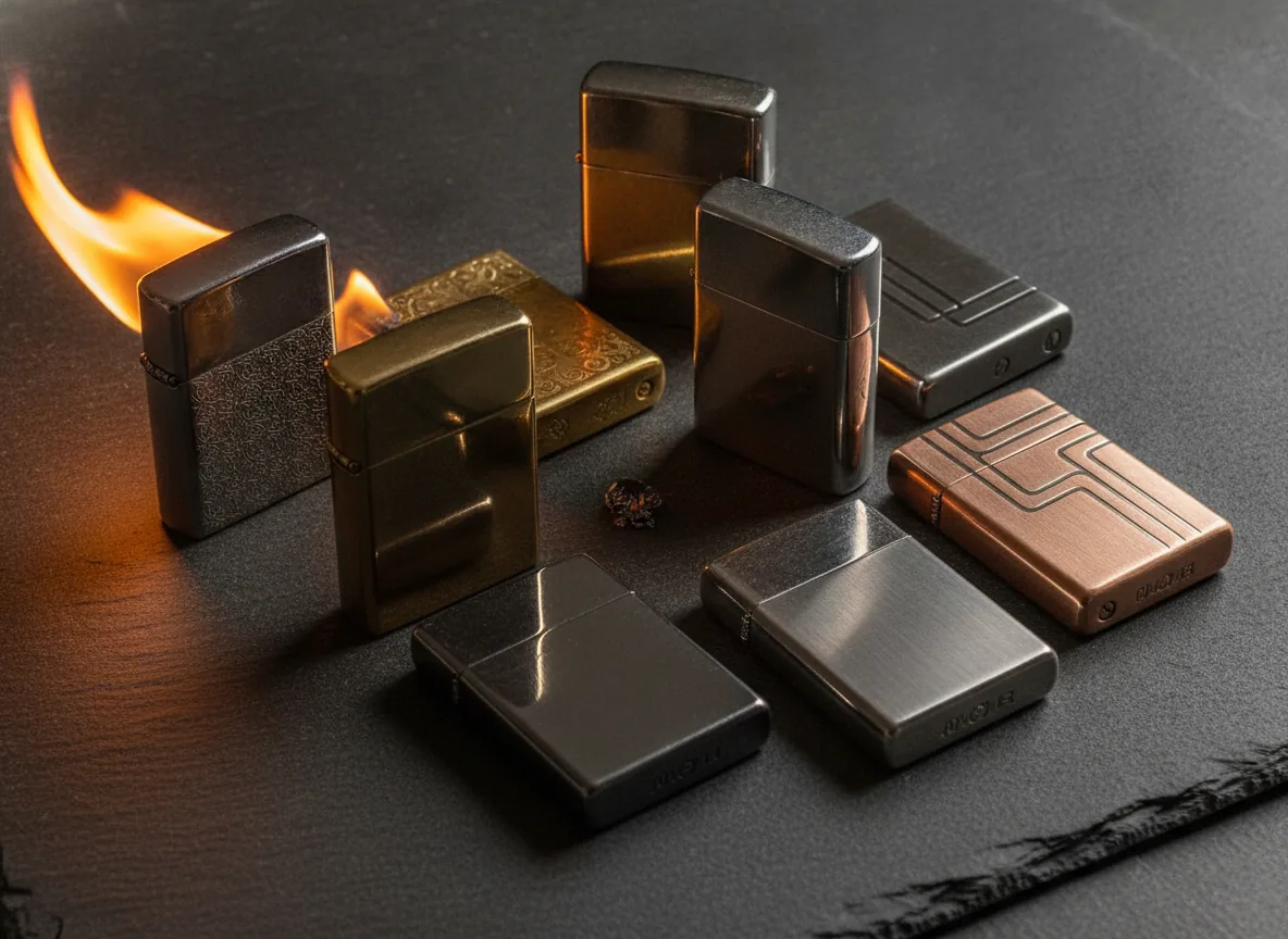 real photo of premium metallic lighters arranged on